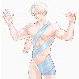 1boy blue_eyes love_and_deep_space male muscular naked shiyuchacha silver_hair solo_male xavier_(love_and_deep_space)