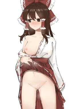 :/ absurdres alternate_costume arm_at_side armpit_crease blush bow breasts brown_eyes brown_hair cleft_of_venus closed_mouth clothes_down clothes_lift collarbone covered_nipples cowboy_shot cum cum_on_body cum_on_clothes cum_on_hands cum_on_pussy cum_string embarrassed female flashing foreshortening frilled_bow frilled_hair_tubes frills frown furrowed_brow groin hair_between_eyes hair_tubes hairbow hakama hakama_lift hakama_skirt hakurei_reimu hand_up highres huangyou japanese_clothes kimono large_bow large_breasts lifting_own_clothes long_hair long_sleeves looking_to_the_side miko navel nipples no_bra no_panties nose_blush off_shoulder one_breast_out pussy red_bow red_hakama reimu_hakurei ribbon-trimmed_sleeves ribbon_trim see-through_clothes simple_background skirt sleeves_past_fingers sleeves_past_wrists solo standing steam steaming_body stomach sweat touhou white_background white_kimono wide_sleeves