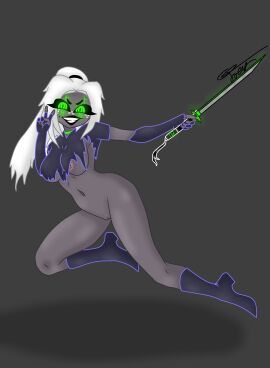 bright bright_colors bright_eyes commission dominant dominant_female female glowing glowing_eyes glowing_markings glowing_sword green_collar green_eyes grey_background grey_body grey_skin jo-el_(retzhuko) katana oc original_character posing purringnsfw retzhuko_(artist) ripped_clothing smiling sword white_hair