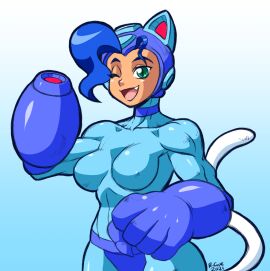 1girls arm_cannon armor blue_bodysuit blue_hair bodysuit capcom cat_ears cat_tail claws cosplay crossover crossover_cosplay darkstalkers felicia_(darkstalkers) female female_only long-haired_female long_hair mega_felicia mega_man mega_man_(classic) mega_man_(cosplay) mega_man_(series) not_porn one_eye_closed rongs1234 sfw solo solo_female solo_focus tagme vampire_(game)