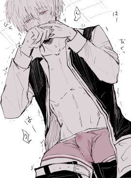 blush bulge covering_mouth erection_under_clothes gintama looking_pleasured male male_only monochrome okita_sougo open_shirt pants_down police_uniform precum precum_through_clothing solo sweat tenting trembling underwear