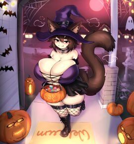 :3 animal_ears animal_tail art_trade black_shoes blush breasts cleavage corset doorway female fishnets goth halloween huge_breasts looking_at_viewer mochifoxxo one_leg_up original original_character pumpkin someone_else's_oc thick_eyebrows witch_hat