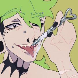 0_strawberrymilk_0_(artist) black_nails cross cum curly_hair demon demon_boy dominant_male dripping dripping_cum female fluffy_hair green_hair hand hand_up holding holding_object human humanoid kinky licking_cum looking_at_viewer looking_down male male_only mlm mullet mullet_(hairstyle) naked neck neck_tattoo no_genitals nude nude_male original original_character punk punk_hair pussy scars self_harm_scars sex_toy shark_teeth shaved_pussy shoulders smirk smirking_at_viewer solo solo_male sounding sounding_rod split_tongue tattoo throat_tattoo