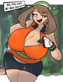 1girls ? bandana bedroom_eyes big_breasts bike_shorts blue_eyes blush breasts cleavage clothing dialogue eye_contact female forest forest_background fully_clothed green_bandana huge_breasts human imminent_sex large_breasts looking_at_viewer may_(pokemon) may_(pokemon_emerald) nintendo open_mouth pokemon pokemon_rse pov shorts silenttandem skitty smile speech_bubble text thick_thighs thighs tree trees zipper