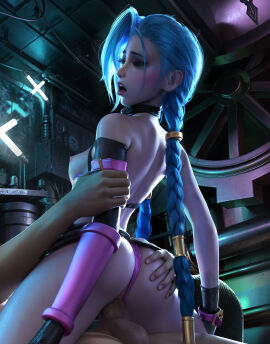 1boy 1girls 3d 3d_(artwork) arm_grab ass ass_grab blue_hair braid breasts breasts_out closed_eyes collar cowgirl_position elbow_gloves exposed_breasts eyeshadow female female_on_top female_penetrated grabbing_ass hair_ornament jinx_(league_of_legends) league_of_legends light-skinned_female light-skinned_male light_skin long_hair makeup male male/female male_penetrating male_penetrating_female on_top open_mouth panties_aside penis pussy riding riding_penis sevenbees sex small_breasts straddling straight twin_braids vaginal vaginal_penetration vaginal_sex