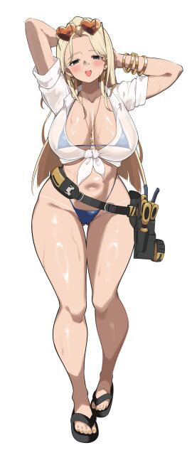 absurdres bandaid bandaid_on_face bandaid_on_nose bikini blue_bikini blue_eyes blunt_ends blush bracelet breasts cameltoe centi_(nikke) centi_(ocean_repair)_(nikke) collarbone curvy eyewear_on_head feet female gluteal_fold goddess_of_victory:_nikke heart heart-shaped_eyewear highres jewelry large_breasts long_hair micro_bikini multiple_views navel neck necklace official_alternate_costume open_mouth parted_bangs partially_undressed pussy sandals screwdriver shirt sideboob simple_background sleeves_rolled_up smile stomach sunglasses sweat swimsuit tape_measure thigh_gap thighs tied_shirt toes toolbox underboob white_background white_shirt wrench yabai_gorilla zoom_layer