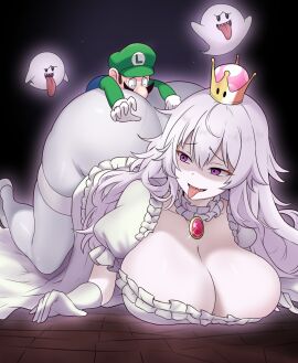 1boy 1girls all_fours amogan ass big_ass big_breasts boo_(mario) boosette breasts cleavage clothing crown enormous_ass enormous_breasts facial_hair fat_ass female ghost ghost_girl giant giantess gloves green_hat green_shirt human human_on_humanoid humanoid large_ass large_breasts larger_female long_hair luigi luigi's_mansion male male/female mario_(series) massive_ass massive_breasts moustache nintendo open_mouth purple_eyes rule_63 size_difference smaller_male straight super_crown tongue tongue_out voluptuous voluptuous_female white_body white_dress white_gloves white_hair