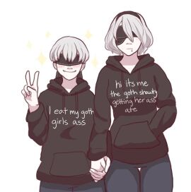 1boy 1girls 2d 2d_(artwork) bad_id bad_pixiv_id black_blindfold black_hoodie blindfold clothed clothes_writing duo english_text expressionless female funny grey_hair hand_in_pocket height_difference holding_hands hood_down hoodie implied_anilingus male meme meme_attire meme_clothing mole mole_under_mouth nier:_automata nier_(series) pants romantic_couple short_hair shorter_male smile taller_female thigh_gap v_sign wholesome yorha_2b yorha_9s yurifucker