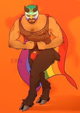 0ct0m0n0 absurd_res bulge clothing facial_hair fishnet_clothing fishnet_topwear flaccid flexing furry genitals hi_res humanoid lgbt_pride luchador male male_only mask orion_(hawlfur) penis penis_base satyr solo sports_mask sportswear topwear vincian_pride_colors wrestler wrestling_mask