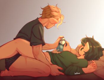 1boy 1boy1girl 1girls bed bedroom bird canon_couple dnirobin female golden_eyes golden_hair green-haired_female green_eyes green_hair hunter_(the_owl_house) love male parent partners pet pillow semi_nude sex soft the_owl_house waffle willow_park