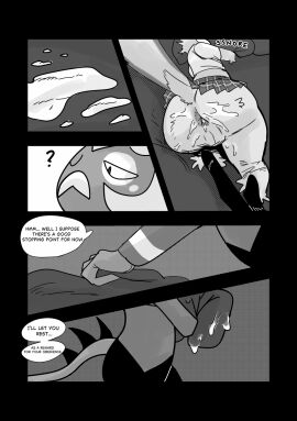 anthro anus ass avian bird bodily_fluids bottomwear clothing comic crop_top cum cum_on_ass cum_on_butt cum_pool demon demon_humanoid dialogue duo english_text epicbassface facial_hair genital_fluids helluva_boss hi_res humanoid imp male male/male mister_butler_(helluva_boss) moustache onomatopoeia owl owl_demon paimon_(helluva_boss) question_mark school_uniform shirt skirt sleeping sound_effects speech_bubble suit tail text topwear uniform