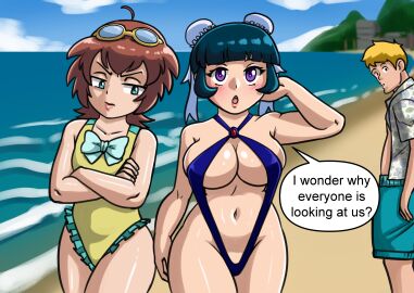 1boy 2girls ass_awe beach beyblade beyblade_metal_fusion big_breasts blush breasts brown_hair bun_cover chinese_female curious female flat_chest frown hair_buns jealous jealous_female madoka_amano male mei_mei_(beyblade) meme metal_fight_beyblade one_piece_swimsuit oni_senpai oni_senpai_art purple_eyes skinny_female swimsuit swimwear takara_tomy teal_hair text thick_girl thick_thighs