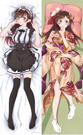 bare_arms bare_legs bare_thighs bed_sheet big_breasts black_thighhighs blush body_blush breasts brown_eyes brown_hair collarbone dakimakura dakimakura_design earrings feet female hair_ornament head_on_pillow kanojo_okarishimasu kimono lipstick long_hair lying maid maid_headdress maid_uniform mizuhara_chizuru nail_polish official_art open_mouth pillow skirt socks thighhighs thighs toes white_socks zettai_ryouiki