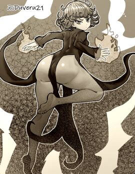 1girls ass back back_view bangs barefoot big_ass breasts curly_hair dress duveru21 female female_only hips huge_ass large_ass long_legs long_sleeves looking_at_viewer looking_back medium_hair no_panties one-punch_man short_hair sideboob single_shoe solo tatsumaki thick_thighs thighs wide_hips