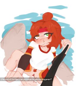 1boy 1girls breasts cowgirl_position female female_dominating_male female_domination female_focus female_on_top leyla_(thirteen_flames) lololowka lololowka_(character) male nts_production russian russian_text sex straight straight_sex text thirteen_lights