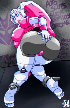 1girls 2023 2d 5_toes anus arcee arcee_(g1) artist_logo ass barefoot big_ass big_breasts big_butt breasts built-in_high_heels cybertronian decepticon_insignia dubious_consent feet female female_only genitals glistening glistening_butt hasbro hi_res high_heels humanoid humiliation large_ass looking_back neophyte-zero nipple_outline on_knees pussy robot robot_girl robot_humanoid soles solo spread_anus spreading takara_tomy toes transformers transformers_g1 vagina