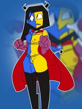 1girls algob4v areolae black_eyes black_hair blue_skin breasts cape ena ena_(series) female fish_hooking joel_g multicolored_body newgrounds nipples pussy solo solo_female what yellow_skin