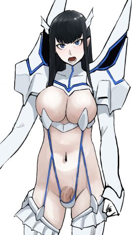 1futa bangs black_hair breasts clothed clothing flaccid futa_only futanari human intersex kill_la_kill kiryuuin_satsuki light-skinned_futa light_skin long_hair mostly_nude penis revealing_clothes skinny sling_bikini smooth_penis smzqsk solo standing