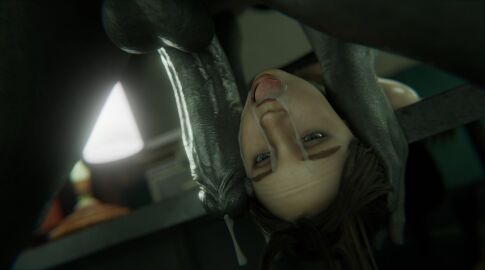 1boy 1girls 3d after_fellatio after_oral blue_eyes brown_hair claire_redfield claire_redfield_(jordan_mcewen) cum cum_on_face female light-skinned_female light_skin male monster monster_on_female mr_x penis resident_evil resident_evil_2 resident_evil_2_remake stephanie23 unseen_male_face