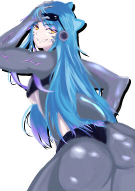 1girls abs athletic athletic_female blue_hair clothed female hands_behind_head koo0510 mako_(monster_girl_island) merfolk mermaid mershark monster_girl monster_girl_island muscular muscular_female orange_eyes pokies shark_girl shark_humanoid toned toned_abs toned_female