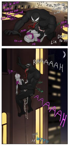 1boy 1girls against_wall cum_in_pussy female gwen_stacy male marvel marvel_comics public public_sex pussy spacemaxmarine spider-gwen spider-man_(series) superhero superhero_costume superheroine venom venom_(marvel) villain_on_hero weak_resistance