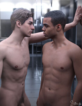 2boys 2humans 3d 3d_(artwork) 3d_model black_hair boxer brown_hair dark-skinned_male dark_skin duo duo_focus eye_contact firefighter flaccid flaccid_penis gay_male intense_stare interracial light-skinned_male light_skin looking_at_each_other male male/male male_focus male_only melanin naked penis pubic_hair resident_evil resident_evil_resistance samuel_jordan sthenhx tyrone_henry