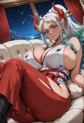 ahoge ai_generated alternate_body_type alternate_breast_size aqua_hair bare_arms bare_shoulders big_thighs blue_hair blush breasts brown_eyes child_bearing_hips cleavage couch curled_horns curtains curvaceous curves curvy curvy_body curvy_figure earrings female glossy glossy_body gradient_hair green_hair grey_hair hair_ornament hair_stick hakama hakama_pants hi_res high_ponytail high_resolution highres hip_vent horns huge_breasts indoors japanese_clothes jewelry kimono knees_up large_thighs leaguewaifus lips long_hair looking_at_viewer lying multicolored_hair multicolored_horns night night_sky on_back on_couch one_piece oni orange_eyes pants parted_lips patreon_logo patreon_username ponytail reclining red_hakama red_horns rope shimenawa shiny_skin shooting_star sideboob sidelocks sitting skin_gloss skindentation skull_crushing_thighs sky sleeveless sleeveless_kimono solo stable_diffusion star_(sky) starry_sky thick_thighs thighs thunder_thighs two-tone_hair very_long_hair voluptuous white_hair white_kimono wide_hips window yamato_(one_piece)