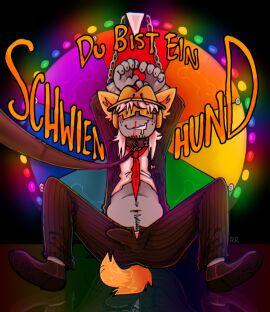 1boy artist_signature belly blood_on_face blush butterslug chance_(forsaken) clothed clothed_erection dog_chance_(forsaken) fedora forsaken_(roblox) game_show german_text hands_behind_head kemonomimi legs_apart male nosebleed roblox roblox_game robloxian roulette_wheel self_upload shoes sitting spinning_wheel suit sunglasses tagme tail text translated wheel