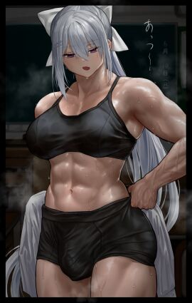 1futa abs animal_ears breasts bulge bulge_through_clothing clothed clothing flaccid fully_clothed futa_only futanari gym_clothes higuchi_kaede huge_cock humanoid ike_(artist) intersex kemonomimi large_breasts light-skinned_futa light_skin long_hair muscular muscular_futa muscular_thighs nijisanji penis ponytail purple_eyes solo sports_bra standing sweat sweating veiny_penis very_muscular virtual_youtuber white_hair