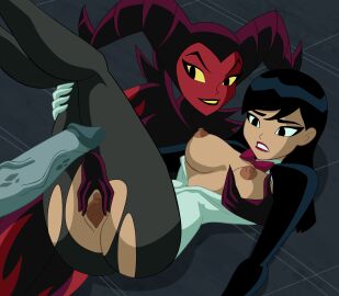 1boy 2girls bangs black_hair bowtie breast_grab breast_squeeze breasts clitoris dc dc_comics demon demon_girl demon_horns ember exposed_breasts exposed_pussy female horns justice_league justice_league_action large_penis light-skinned_female light_skin lipstick male nipples on_back on_ground open_mouth partial_male penis presenting pussy red_skin ripped_clothing spread_pussy torn_clothes veiny_penis xeroshadows yellow_eyes zatanna zatanna_(justice_league_action) zatanna_zatara