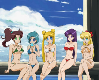5girls ami_mizuno bikini bishoujo_senshi_sailor_moon bow breasts female makoto_kino minako_aino multiple_females multiple_girls rei_hino small_breasts swimsuit tagme usagi_tsukino zelgi