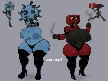 2024 2d 2girls absurd_res anthro big_breasts blue_body blue_team_(team_fortress_2) bomb breasts clothing explosives female female_only gun high_heel_boots high_heels latex latex_clothing latex_thighhighs living_weapon multiple_females multiple_girls pants red_body red_team_(team_fortress_2) robot robot_girl sentry_(team_fortress_2) sentry_buster_(team_fortress_2) tagme team_fortress_2 tight_clothing trz_lettuce