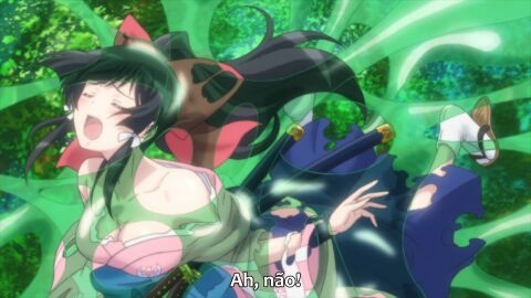 1girls black_hair breasts captured_female closed_eyes dissolving_clothes female hair_bow isekai_wa_smartphone_to_tomo_ni. japanese_clothes katana kokonoe_yae medium_breasts ponytail sandals screencap slime slime_bondage slime_monster spanish_text tabi_socks