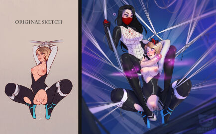 1futa 1girls ballerina_shoes big_penis biting_lip biting_own_lip black_hair blonde_hair bondage breasts breasts_out cindy_moon duo erection exposed_breasts exposed_pussy female flats futa_on_female futanari gwen_stacy gwen_stacy_(spider-verse) horny horny_female intersex large_penis light-skinned_female light-skinned_futa light_skin marvel marvel_comics mary_janes medium_breasts mostly_clothed ninjakitty nipples nipples_visible_through_clothing penis penis_out pheromones pussy pussy_juice shoes silk_(marvel) spider-gwen spider-man:_across_the_spider-verse spider-man:_into_the_spider-verse spider-man_(series) spider_web suspension web