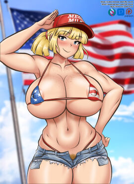 1girls american american_female american_flag american_flag_bikini areola ass big_areola big_ass big_breasts big_nipples big_thighs bikini blonde_hair blue_eyes blush breasts fbi_ecchi female female_focus female_only gigantic_breasts huge_ass huge_breasts huge_thighs jean_shorts light-skinned_female light_skin looking_at_viewer nipples original original_character pubes pubic_hair pubic_hair_peek shorts tagme thick_hips thick_thighs thighs