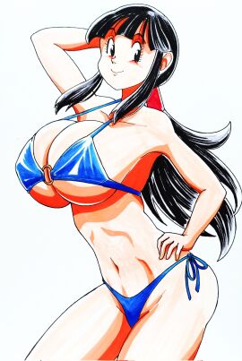 1girls area5169458561 barely_contained_breasts bikini black_hair blue_bikini breasts busty chichi chichi_(dragon_ball) dragon_ball dragon_ball_z female hand_on_hip huge_breasts light-skinned_female light_skin milf swimsuit white_background