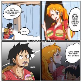 1boy 1girls 4_panel_comic black-haired_male black_hair breast_sucking breasts comic couple dialogue drooling english_text female flirting humor implied_breast_sucking long_hair male matching_outfit monkey_d_luffy nami_(one_piece) one_piece orange-haired_female orange_hair ponytail post-timeskip scar shampowrado shirt_lift short_hair speech_bubble stealth_sex straw_hat tongue tongue_out wink