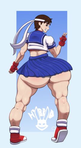 1girls ass ass_focus big_ass bottomless bottomless_skirt brown_eyes brown_hair capcom female female_focus female_only from_behind gloves headband huge_ass infinite_nsfw looking_back peace_sign sakura_kasugano school_uniform schoolgirl short_hair skirt smile solo solo_female solo_focus street_fighter thick thick_ass thick_thighs tomboy