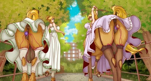 2025 animal_genitalia anus big_teats blonde_hair centaur centorea's_mother centorea's_mother_(monster_musume) centorea_shianus centorea_shianus_(monster_musume) clitoris clothed clothing clothing_lift dress dress_lift duo egg_vibrator equid equid_taur equine_anus equine_genitalia european_mythology female female/female female_taur freckles genitals greek_mythology hair hi_res hooves horseshoe humanoid_taur legwear looking_at_viewer looking_back mammal mammal_taur masturbation monster_girl_(genre) monster_musume monster_musume_no_iru_nichijou mother_and_daughter mythology open_mouth park penetration plant ponytail puffy_anus raised_arms raised_tail sex_toy sex_toy_in_vagina sex_toy_insertion solo stockings tail taur teats tree udders vaginal_penetration vibrator vibrator_in_vagina zuckergelee