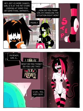 absurd_res anthro bag beverage blue_hair bodily_fluids clothing comic duo ear_piercing felid female female/female girl_a girl_b girl_c green_hair guy_e hair hi_res hoodie legwear mammal nipple_tape orange_hair pasties pattern_clothing pattern_legwear piercing ponporio red_eyes red_hair sexy_eyes striped_clothing striped_legwear stripes stripped_armwear sweat tail tape teeth the_disappearance_of_girl_a thong topwear underwear