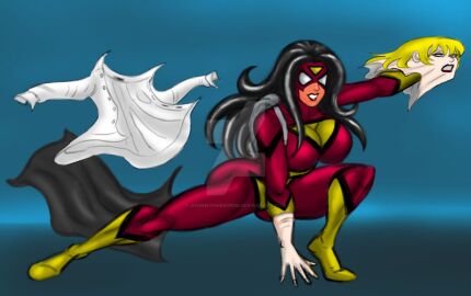black_hair blonde_hair disguise female gloves jessica_drew johnnyharadrim marvel marvel_comics mask red_suit shirt skinsuit spider-woman superhero_costume superheroine taking_clothes_off white_shirt