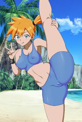 ass asymmetrical_hair beach blue_eyes blush bra breasts cameltoe closed_mouth cloud creatures_(company) day eyelashes female female_focus game_freak green_eyes hair_between_eyes hair_tie hand_up highres kasumi_(pokemon) large_breasts leg_hold leg_lift leg_up legs looking_at_viewer navel nintendo nipples noboyasm2000 open_mouth orange_hair outdoors palm_tree pokemon pokemon_frlg pokemon_rgby ponytail pussy sand shore short_hair shorts side_ponytail sky smile solo split sports_bra spread_legs standing standing_on_one_leg standing_split swimsuit tan thick_thighs thighs tongue tongue_out tree underwear v w water wristband