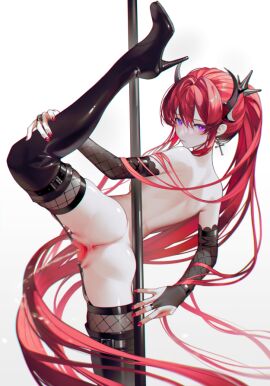 anus arknights ass back boots censored cropped_legs cross cross_earrings double-parted_bangs earrings female high_heels horns iumu jewelry long_hair looking_at_viewer mosaic_censoring peeing pole_dancing ponytail purple_eyes pussy red_hair red_nails sidelocks spread_legs spread_pussy stiletto_heels surtr_(arknights) thigh_boots turning_head very_long_hair white_background