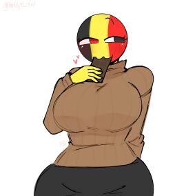 1girls amogus among_us_reference artist_name ass belgium_(countryhumans) big_ass big_breasts breasts chocolate clothed clothing countryhumans countryhumans_girl eating female female_only heart_symbol kak0yt0_chel one_arm_behind_back one_hand_behind_back solo sweater twitter_username