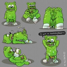 2020 bear blue_eyes chubby chubby_anthro chubby_male cum_drip cum_on_body cum_through_underwear english_text gray_background green_skin grey_background gummibar gummy_bear harzu help_me male masturbating masturbation presenting_ass presenting_hindquarters smelling_shoe spread_anus spread_ass stubble sweatdrop ursine why