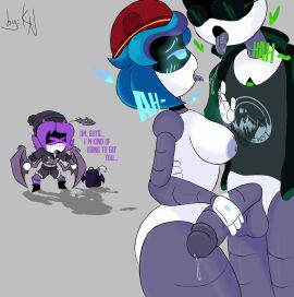 2d darren_(murder_drones) english_text female glitch_productions handjob humanoid humor kayl male male/female murder_drones precum_drip rebecca_(murder_drones) robot robot_boy robot_girl robot_humanoid screen_face text uzi_(murder_drones) white_body worker_drone