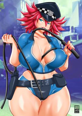 1girls abs alternate_costume ass bayeuxman belt breasts cameltoe female final_fight huge_ass huge_breasts nipple_bulge peaked_cap poison_(final_fight) police_hat police_uniform policewoman pussy short_shorts smile street_fighter swimsuit whip zipper zipper_down