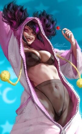 abs aleriia_v breasts female female_torso juri_han lerapi lolipop onesie onesie_open pajamas street_fighter unzipped zipper_down