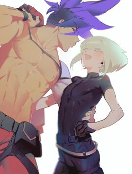 2boys androgynous bulge bulge_through_clothing clothed clothing femboy galo_thymos lio_fotia promare questionable size_difference tight_clothing twink waist_grab wholesome yaoi