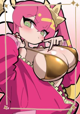 bikini blonde_hair blush breasts cowboy_shot duel_monster female gold_bikini golden_week golden_week_bikini green_eyes highres huge_breasts jacket ki-sikil_(yu-gi-oh!) live_twin_ki-sikil long_hair multicolored_hair open_clothes open_jacket pink_background pink_hair pink_jacket simple_background solo streaked_hair swimsuit twintails two-tone_hair urasuka very_long_hair yu-gi-oh!